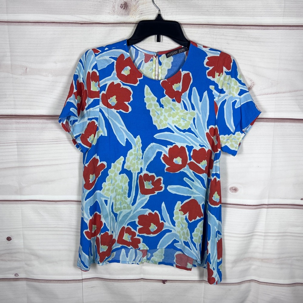 Mister Zimi Top Womens Size 4 Blue Floral Short Sleeve Keyhole Back Viscose Boho